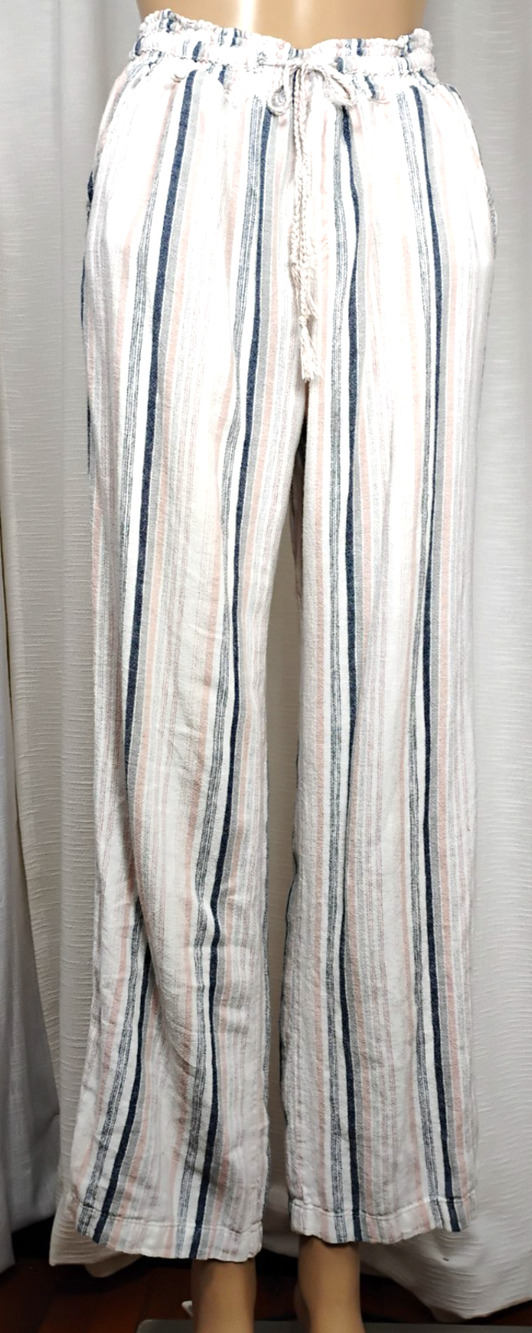 Linen Blend Wide Leg Pants Paperbag Drawstring Striped Boho L